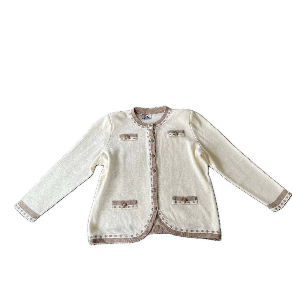 Mita Vintage Cream Polka Dot Trim Button Front Cardigan Sweater Fall Mod Sz L